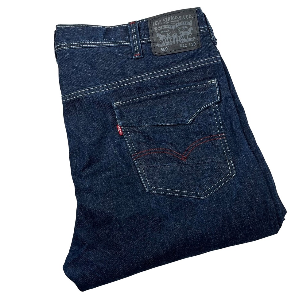 Levis 569 Loose Straight Jeans Mens 42x30 Blue Dark Wash Flap Pocket Denim *Flaw